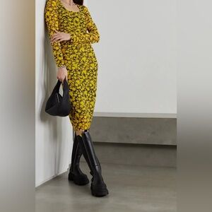 Ganni dress yellow black recycled midi stretch mesh 38 medium floral scandi chic
